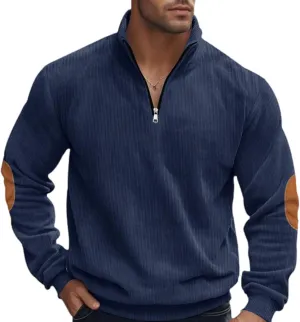Men's Corduroy Sweatshirt Casual Pullover Sweatshirts Zipper Stand Collar Lightweight Long Sleeve Shirts