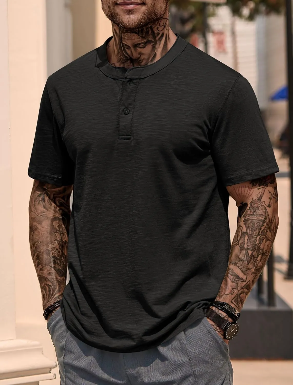 Mens Henley Shirts Casual Stretch Solid Color Short Sleeve T-Shirts (S-XXL)