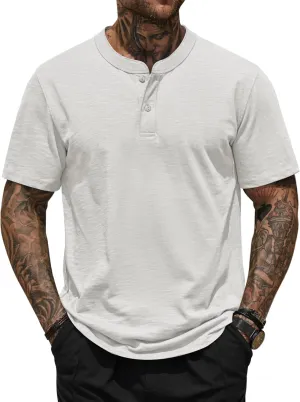 Mens Henley Shirts Casual Stretch Solid Color Short Sleeve T-Shirts (S-XXL)