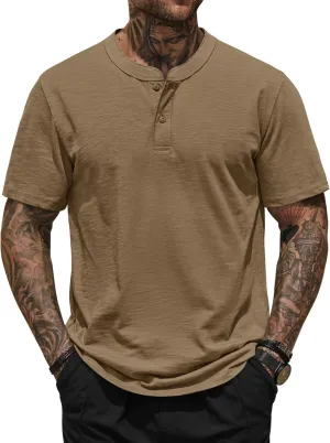 Mens Henley Shirts Casual Stretch Solid Color Short Sleeve T-Shirts (S-XXL)