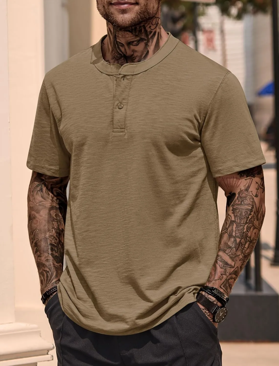 Mens Henley Shirts Casual Stretch Solid Color Short Sleeve T-Shirts (S-XXL)