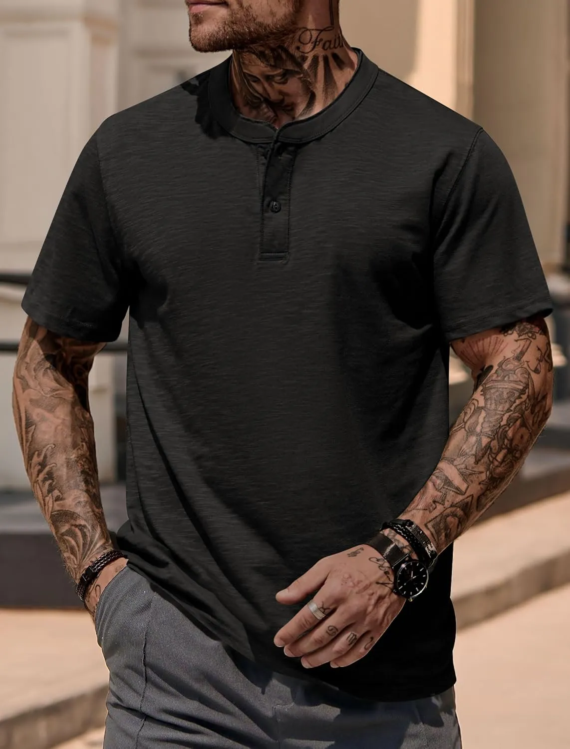 Mens Henley Shirts Casual Stretch Solid Color Short Sleeve T-Shirts (S-XXL)