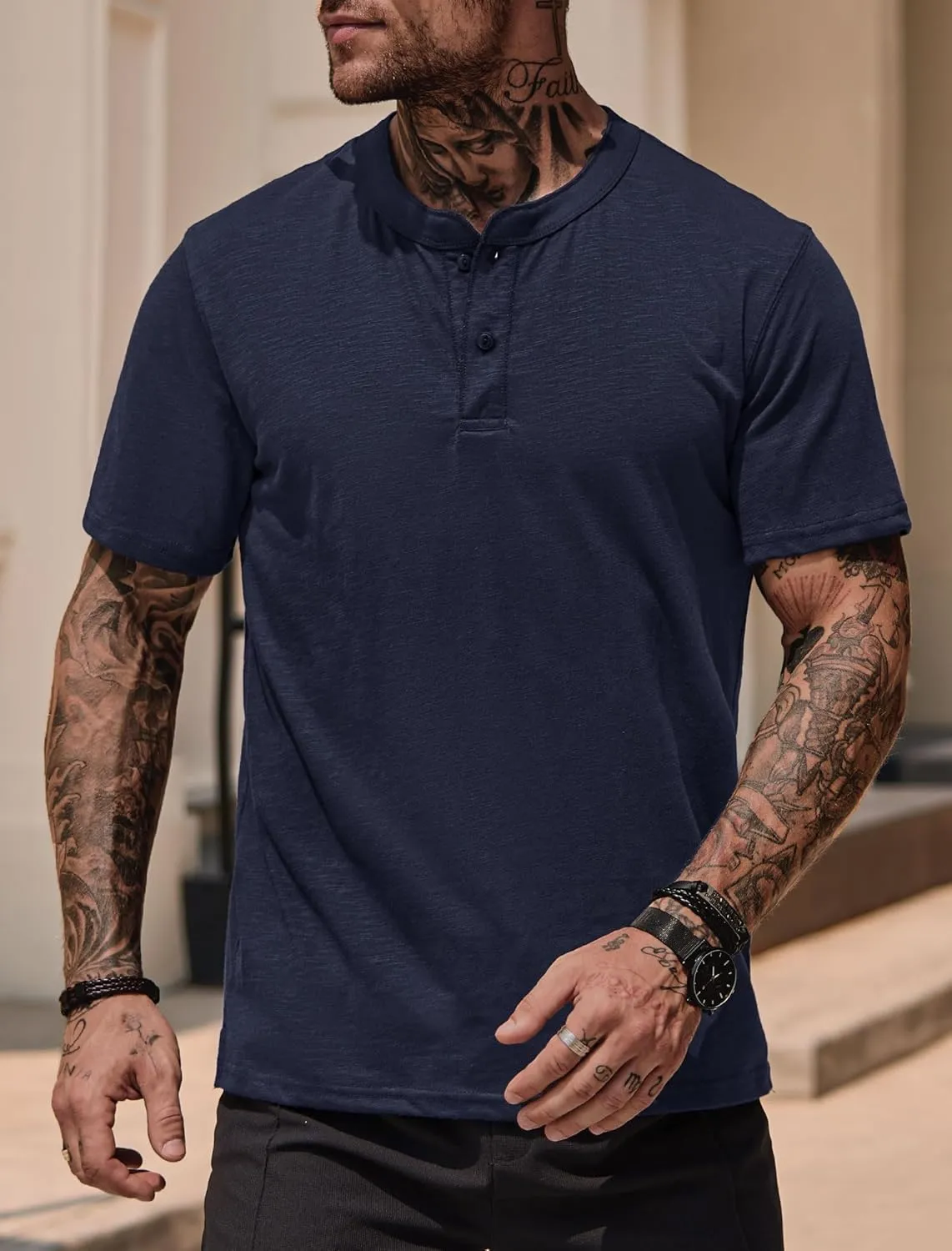 Mens Henley Shirts Casual Stretch Solid Color Short Sleeve T-Shirts (S-XXL)