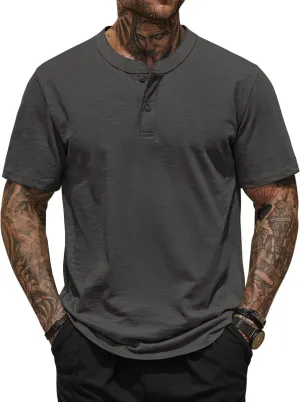 Mens Henley Shirts Casual Stretch Solid Color Short Sleeve T-Shirts (S-XXL)