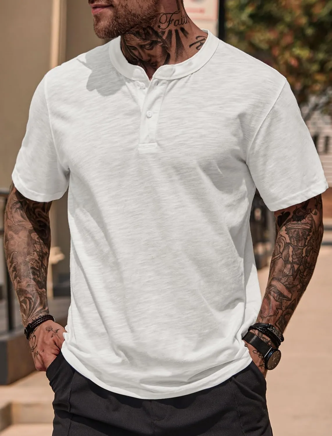 Mens Henley Shirts Casual Stretch Solid Color Short Sleeve T-Shirts (S-XXL)