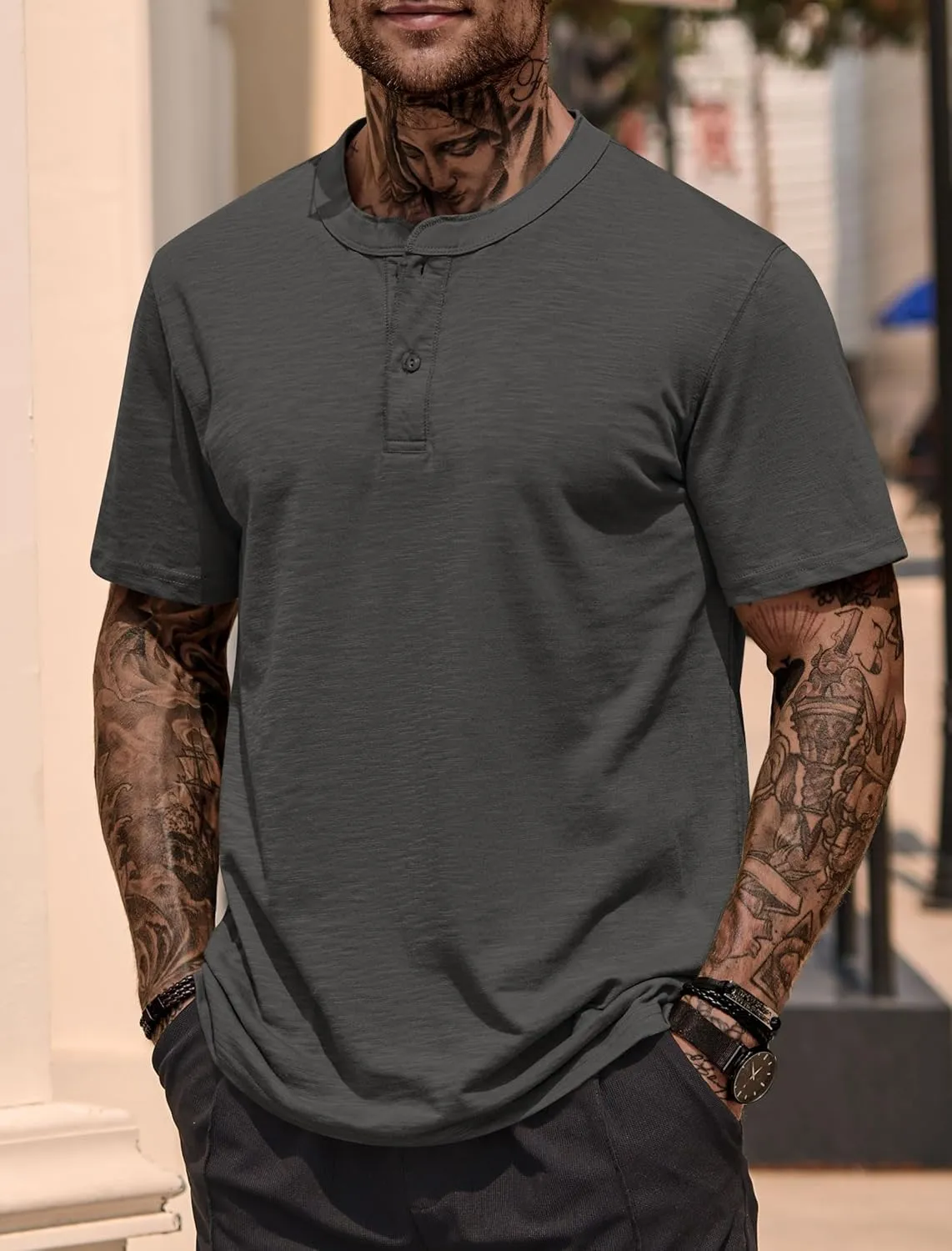Mens Henley Shirts Casual Stretch Solid Color Short Sleeve T-Shirts (S-XXL)