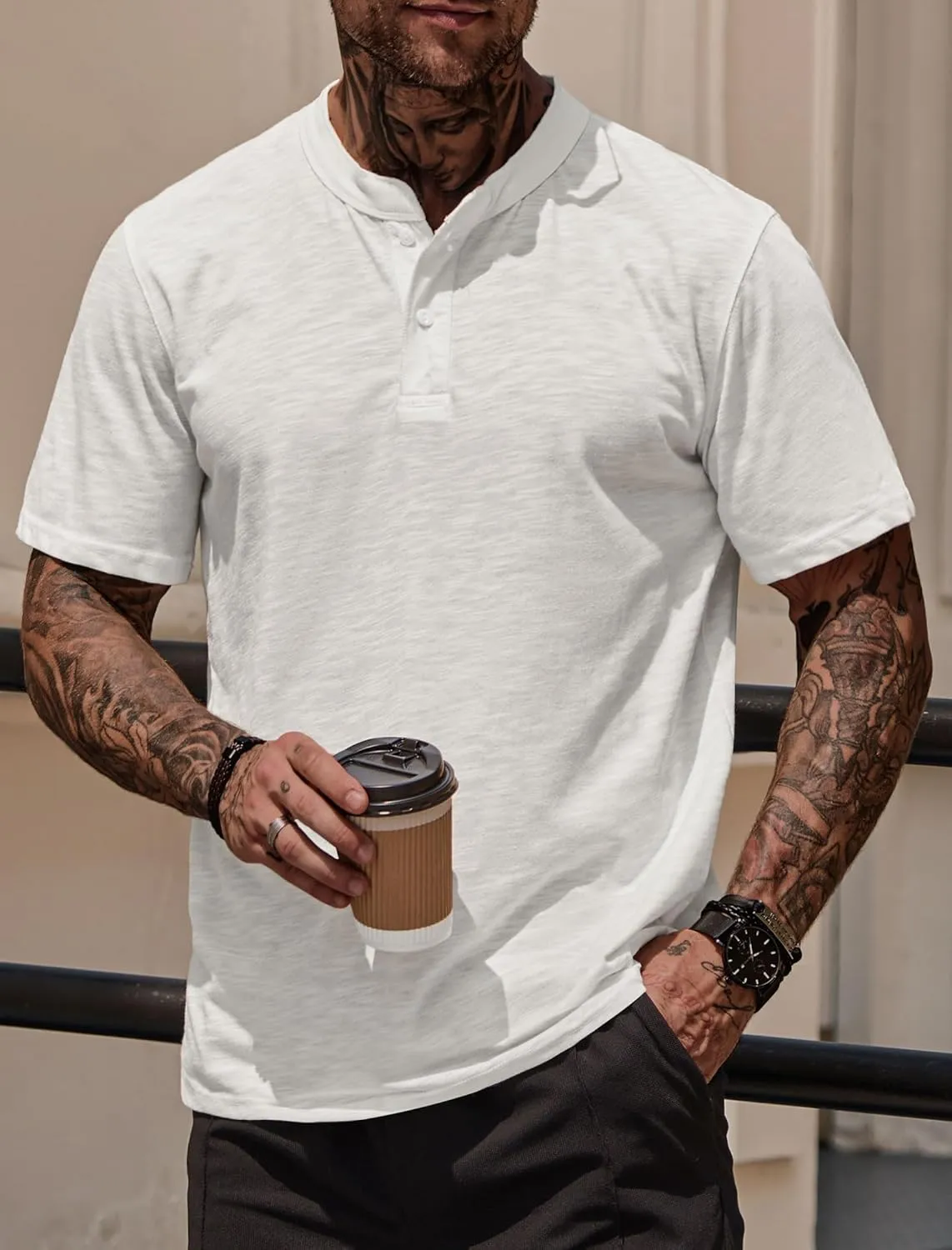Mens Henley Shirts Casual Stretch Solid Color Short Sleeve T-Shirts (S-XXL)