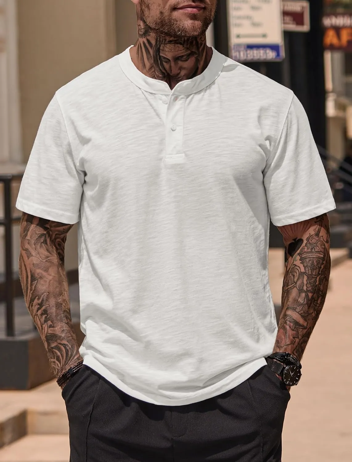Mens Henley Shirts Casual Stretch Solid Color Short Sleeve T-Shirts (S-XXL)