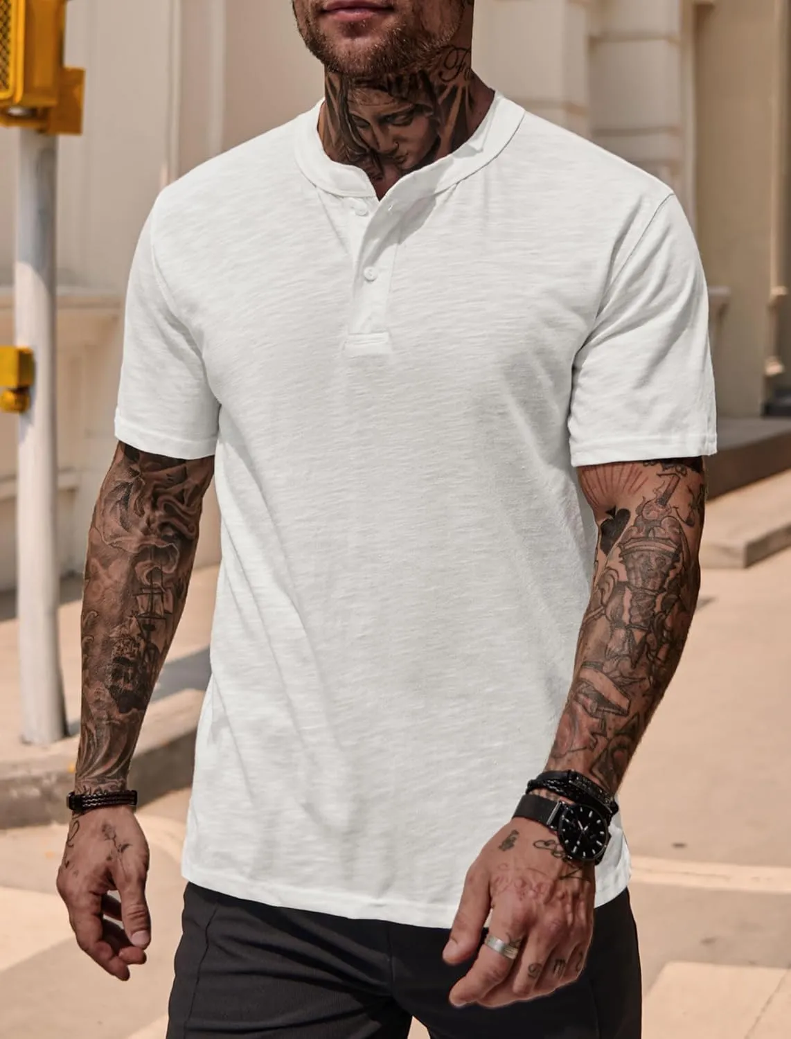 Mens Henley Shirts Casual Stretch Solid Color Short Sleeve T-Shirts (S-XXL)