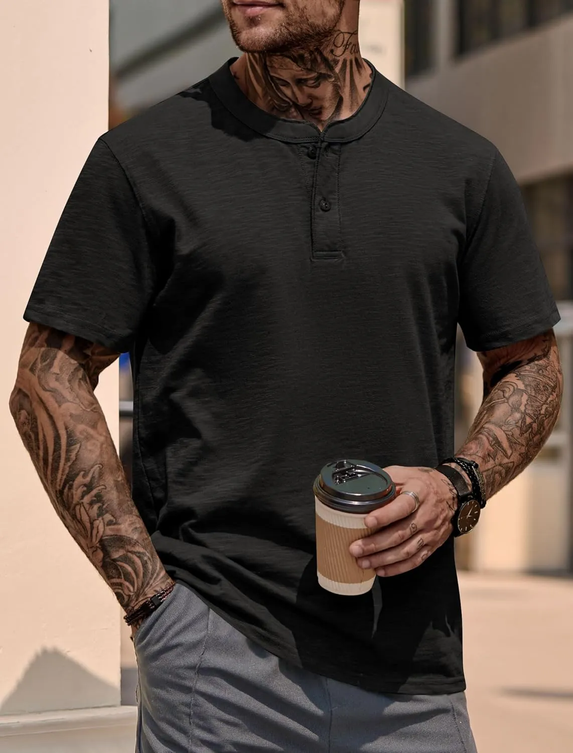 Mens Henley Shirts Casual Stretch Solid Color Short Sleeve T-Shirts (S-XXL)