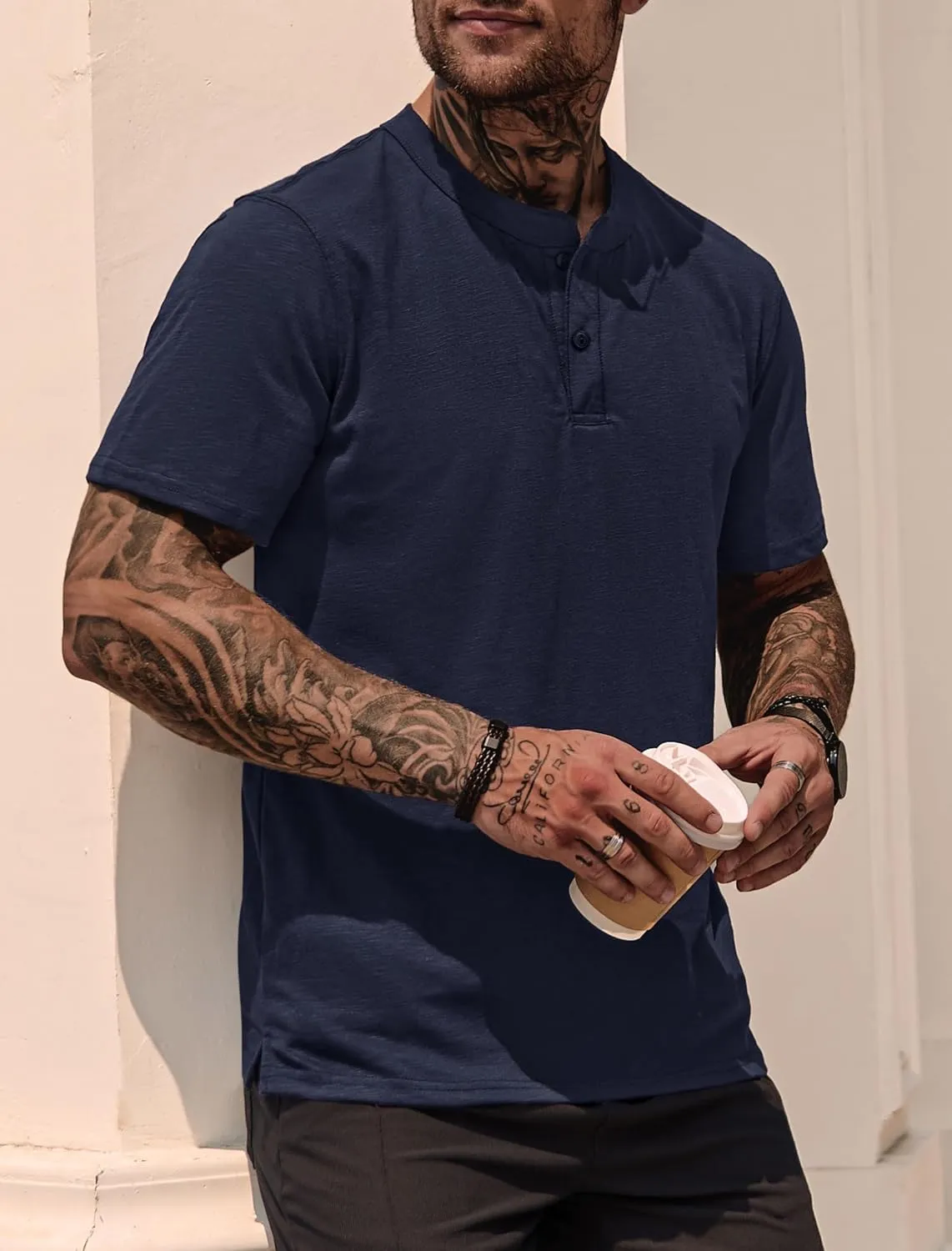 Mens Henley Shirts Casual Stretch Solid Color Short Sleeve T-Shirts (S-XXL)