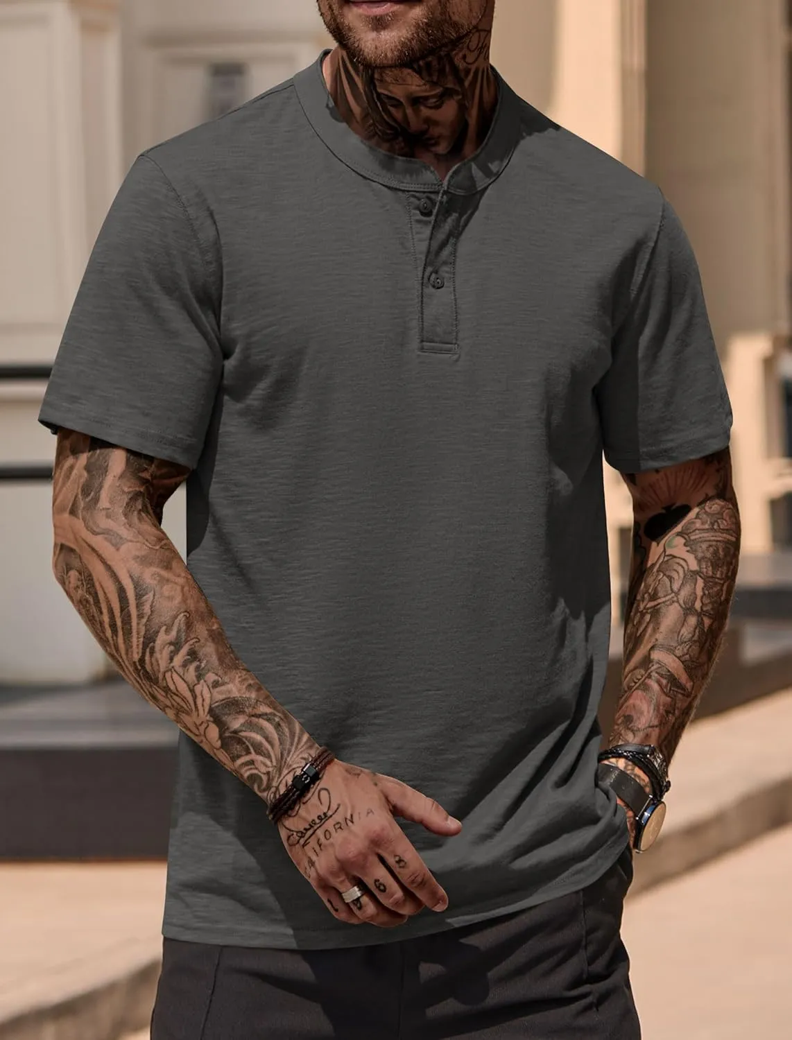 Mens Henley Shirts Casual Stretch Solid Color Short Sleeve T-Shirts (S-XXL)