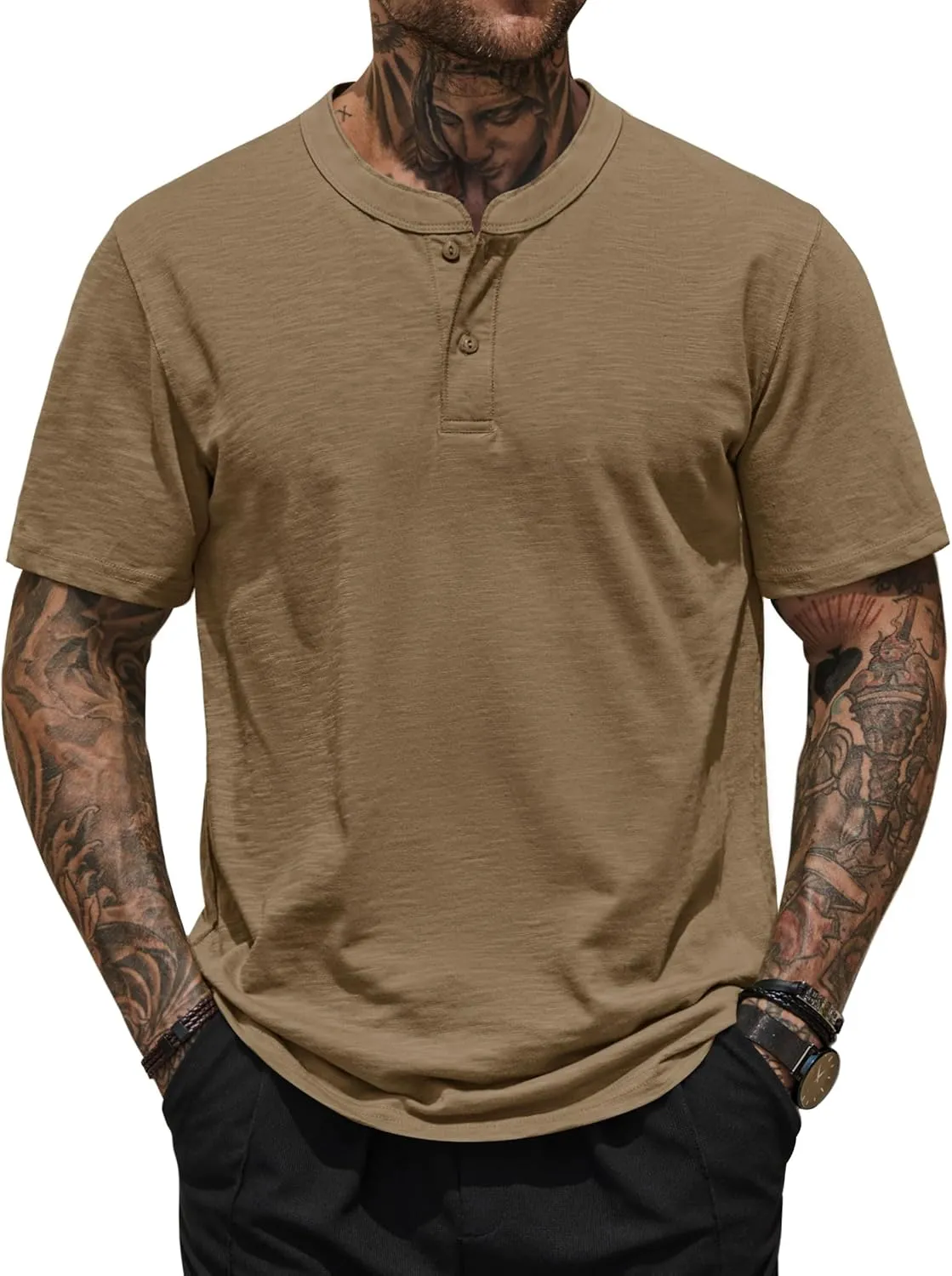 Mens Henley Shirts Casual Stretch Solid Color Short Sleeve T-Shirts (S-XXL)