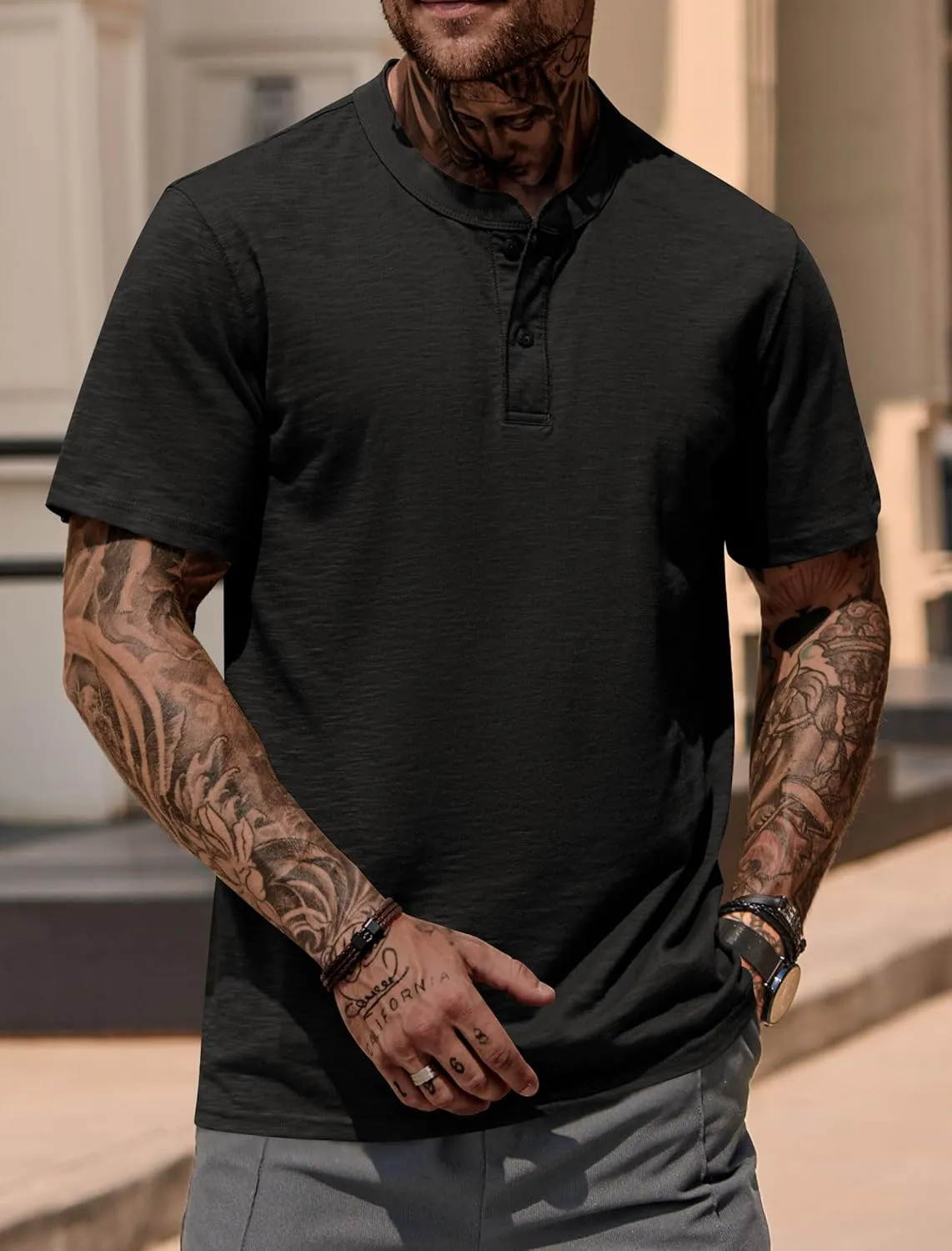Mens Henley Shirts Casual Stretch Solid Color Short Sleeve T-Shirts (S-XXL)