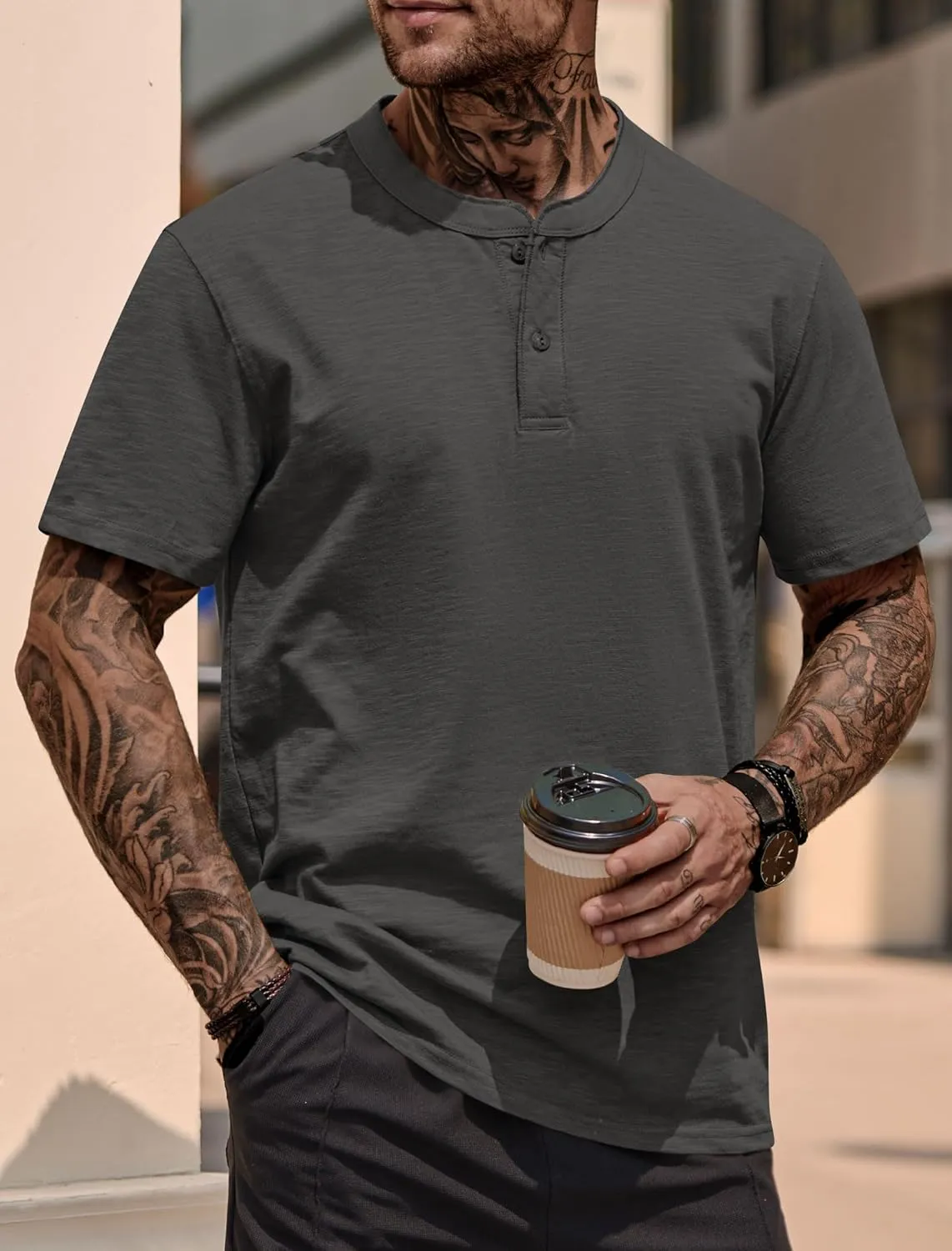 Mens Henley Shirts Casual Stretch Solid Color Short Sleeve T-Shirts (S-XXL)