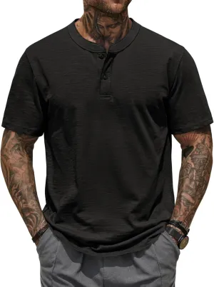 Mens Henley Shirts Casual Stretch Solid Color Short Sleeve T-Shirts (S-XXL)