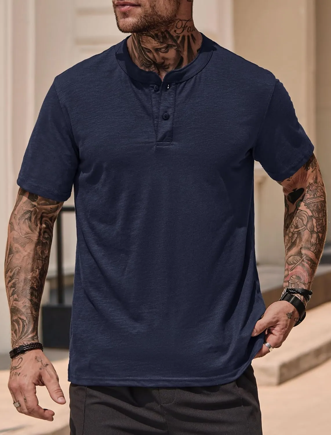 Mens Henley Shirts Casual Stretch Solid Color Short Sleeve T-Shirts (S-XXL)