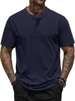Mens Henley Shirts Casual Stretch Solid Color Short Sleeve T-Shirts (S-XXL)