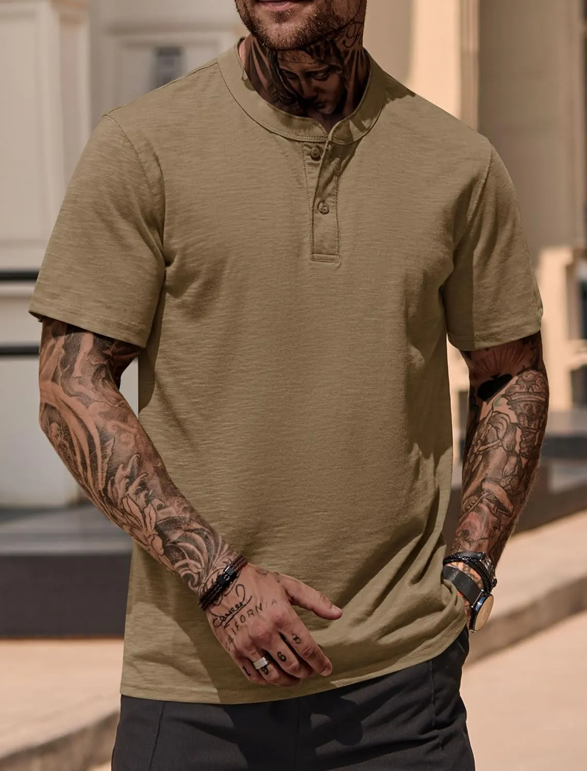 Mens Henley Shirts Casual Stretch Solid Color Short Sleeve T-Shirts (S-XXL)