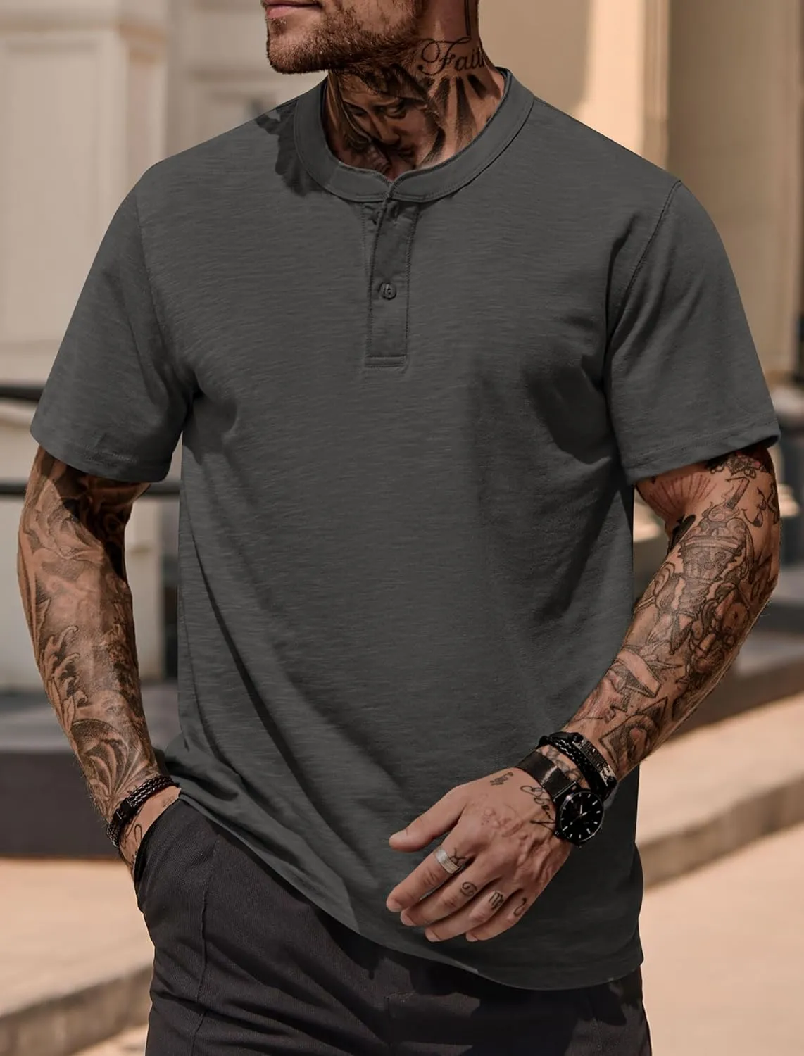 Mens Henley Shirts Casual Stretch Solid Color Short Sleeve T-Shirts (S-XXL)