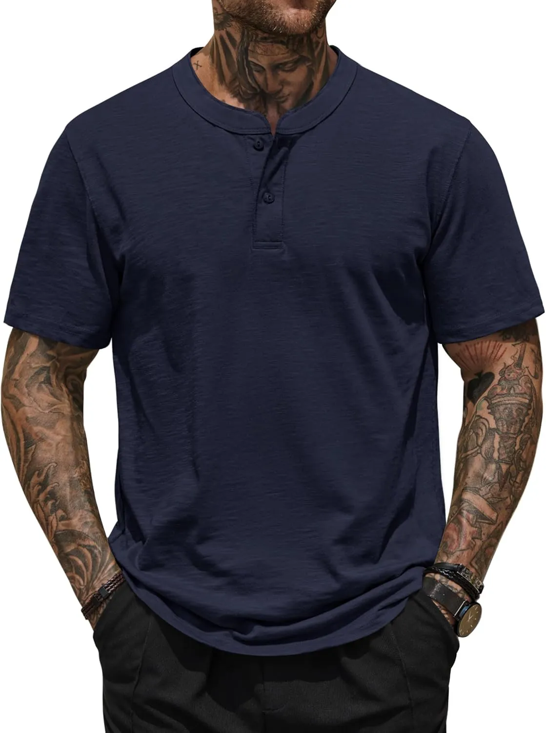 Mens Henley Shirts Casual Stretch Solid Color Short Sleeve T-Shirts (S-XXL)