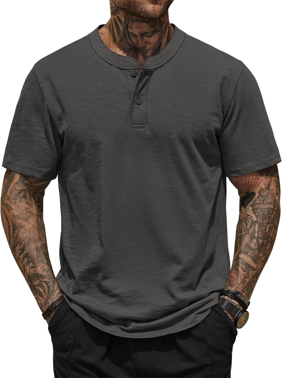 Mens Henley Shirts Casual Stretch Solid Color Short Sleeve T-Shirts (S-XXL)