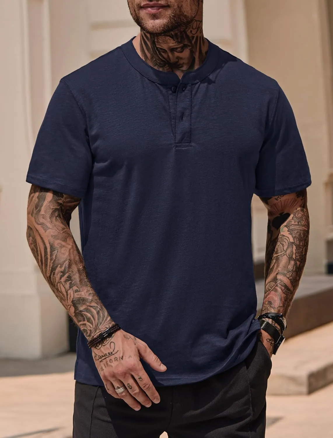 Mens Henley Shirts Casual Stretch Solid Color Short Sleeve T-Shirts (S-XXL)