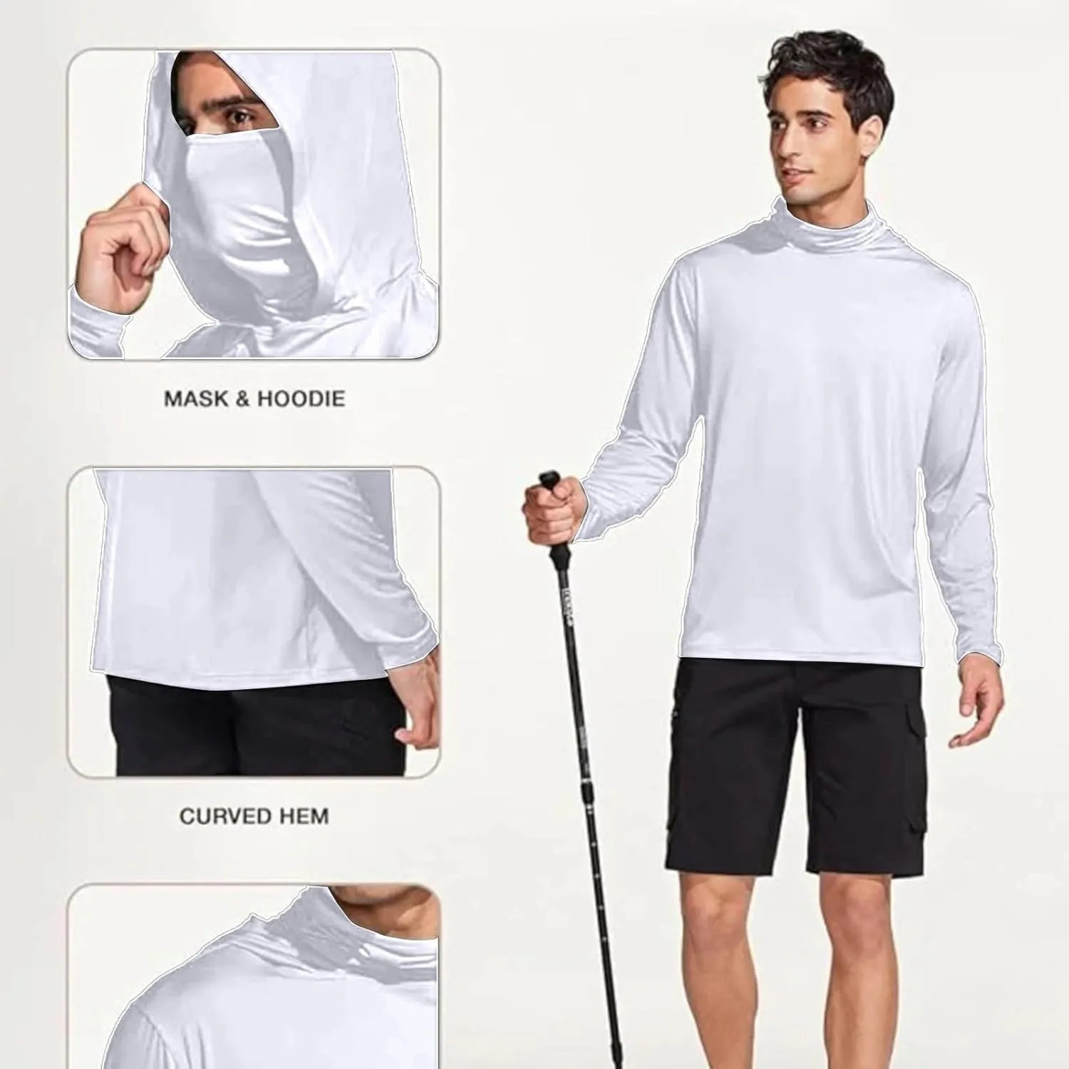 Men's Hooded Sun Protection T Shirts Long Sleeve UV Rash Guard Fishing Shirts Lightweight Quick Dry Athletic Hoodies