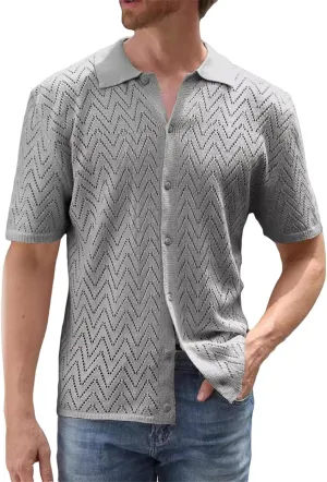 Mens Knitted Cardigan Short Sleeve Button Down Shirts Casual Breathable Lightweight Comfy Tops Outdoor Daily Blouses