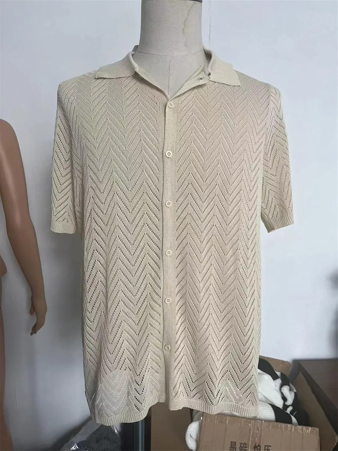 Mens Knitted Cardigan Short Sleeve Button Down Shirts Casual Breathable Lightweight Comfy Tops Outdoor Daily Blouses