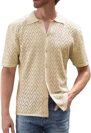 Mens Knitted Cardigan Short Sleeve Button Down Shirts Casual Breathable Lightweight Comfy Tops Outdoor Daily Blouses