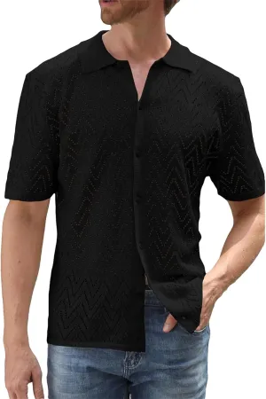 Mens Knitted Cardigan Short Sleeve Button Down Shirts Casual Breathable Lightweight Comfy Tops Outdoor Daily Blouses