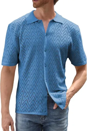 Mens Knitted Cardigan Short Sleeve Button Down Shirts Casual Breathable Lightweight Comfy Tops Outdoor Daily Blouses