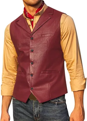 Men's Leather Suit Vest Casual Slim Fit Western Cowboy Suit Vest Jacket Club Style Motorcycle Protective Coat Vest