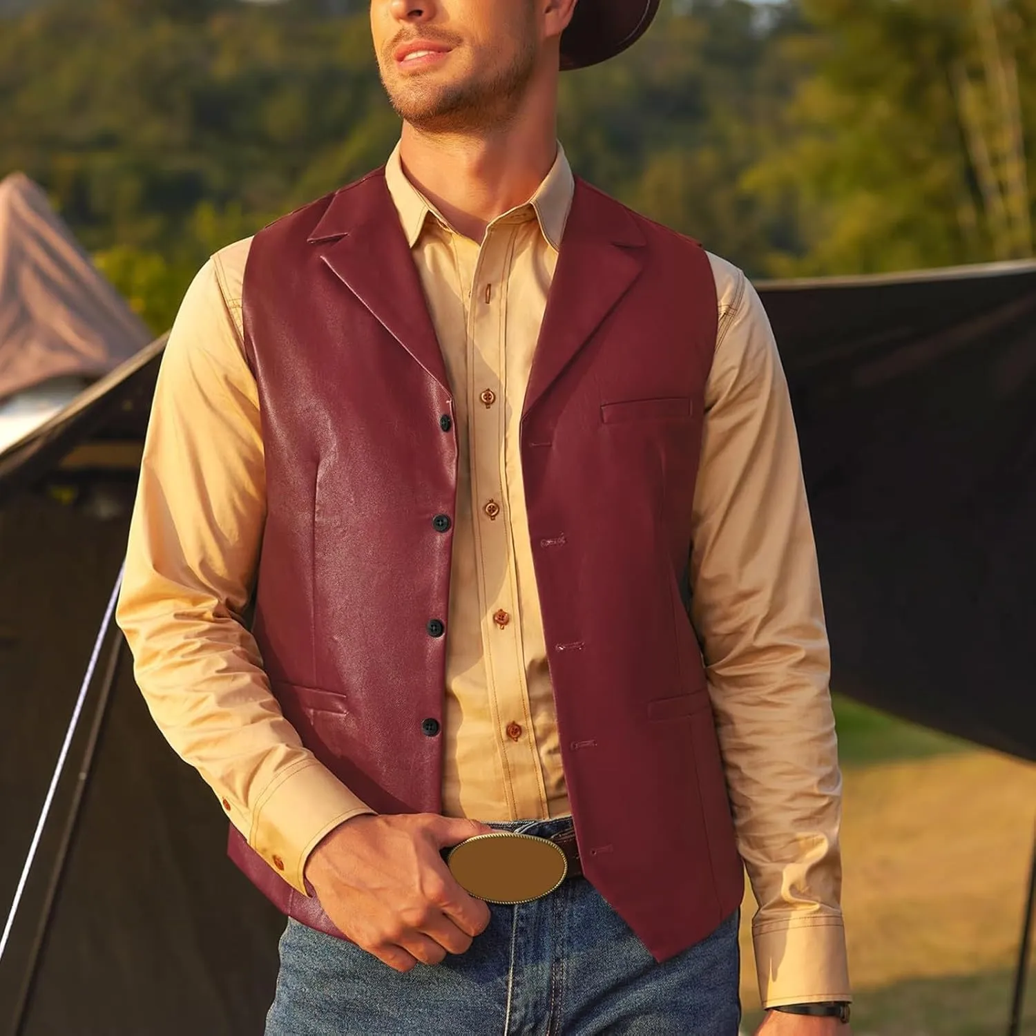 Men's Leather Suit Vest Casual Slim Fit Western Cowboy Suit Vest Jacket Club Style Motorcycle Protective Coat Vest