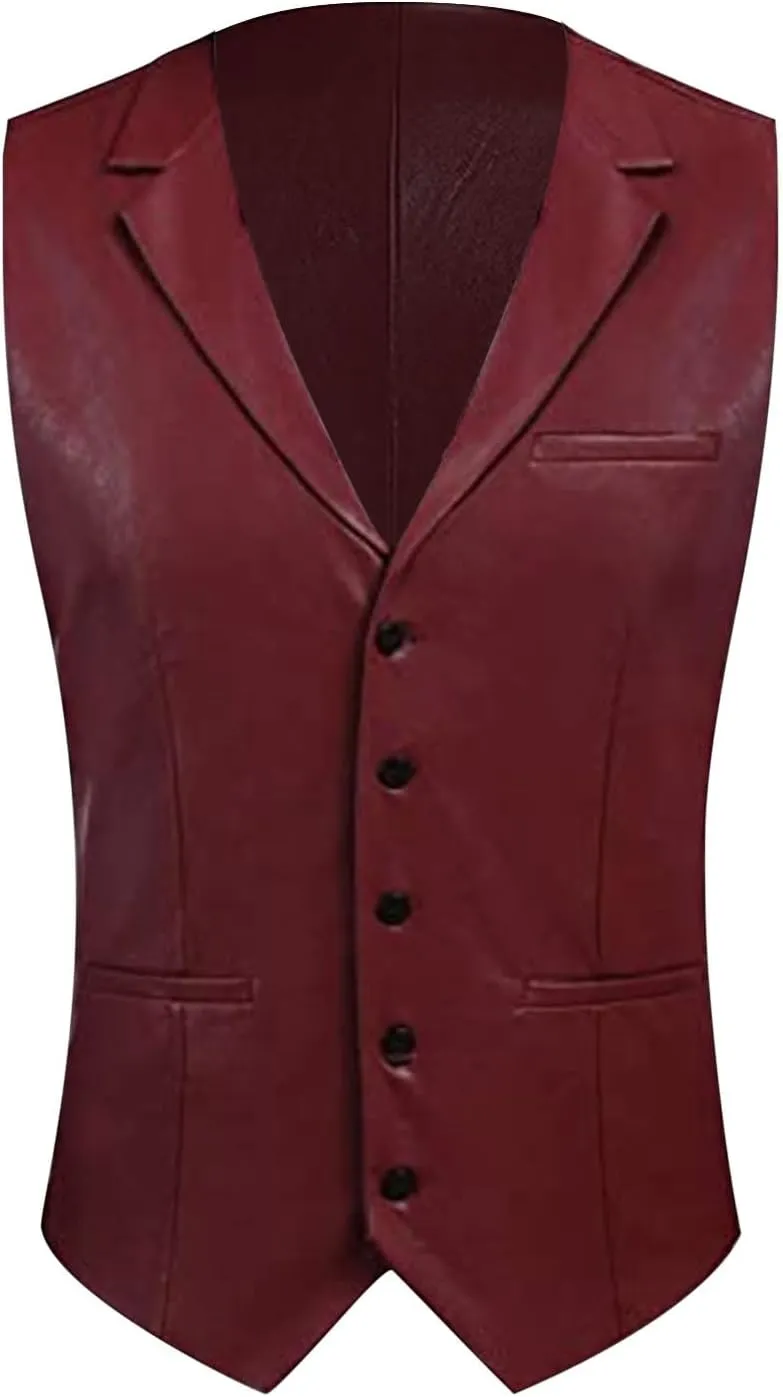 Men's Leather Suit Vest Casual Slim Fit Western Cowboy Suit Vest Jacket Club Style Motorcycle Protective Coat Vest