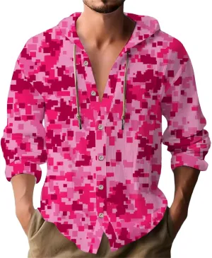 Mens Linen Camo Hooded Shirt Fashion Long Sleeve Button Down Hoodies Hawaiian Vacation Beach Yoga Hippie Shirts Top
