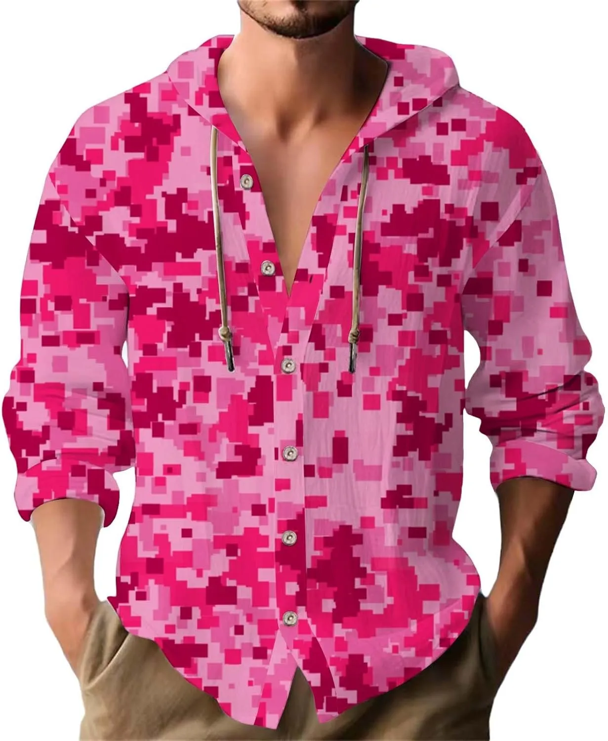 Mens Linen Camo Hooded Shirt Fashion Long Sleeve Button Down Hoodies Hawaiian Vacation Beach Yoga Hippie Shirts Top