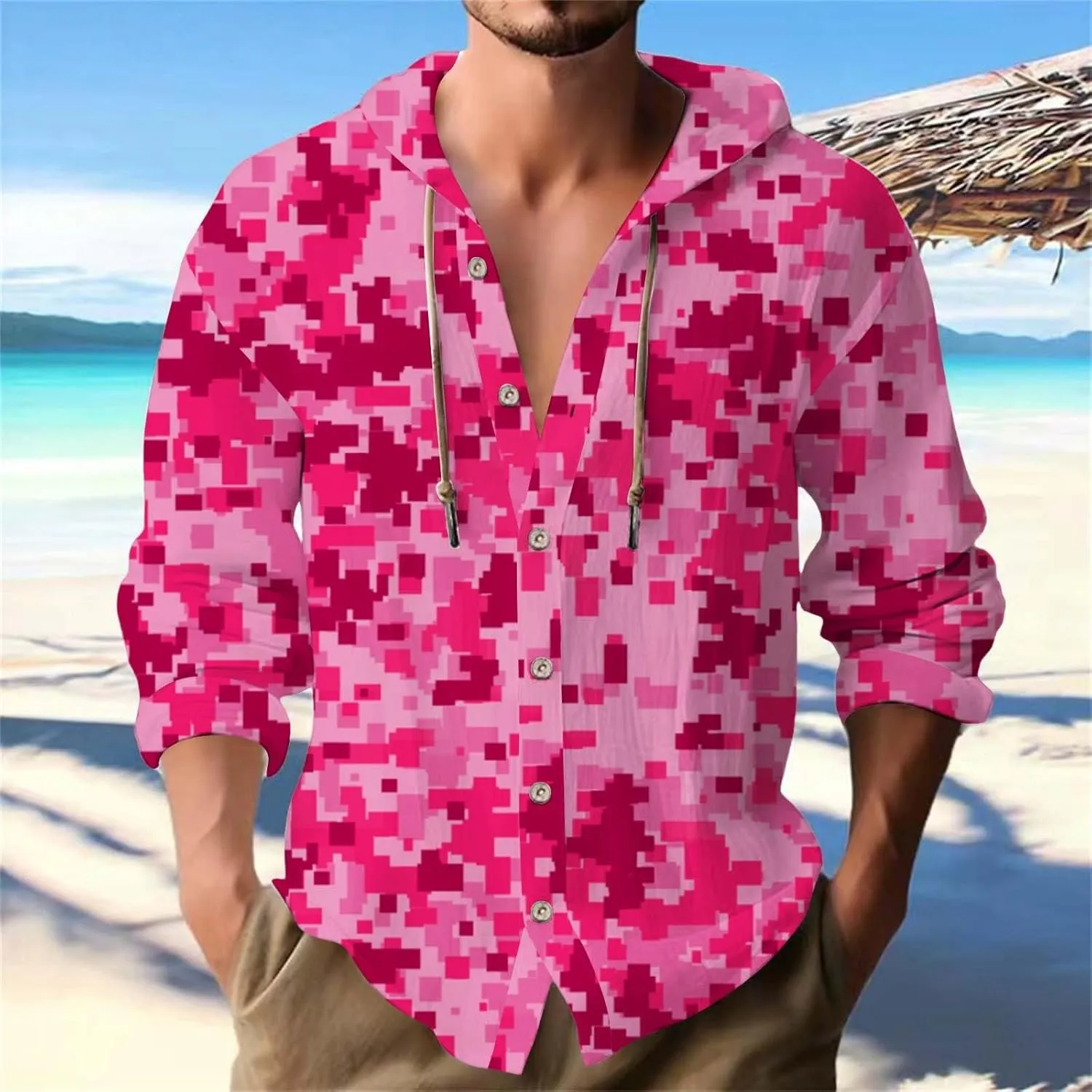 Mens Linen Camo Hooded Shirt Fashion Long Sleeve Button Down Hoodies Hawaiian Vacation Beach Yoga Hippie Shirts Top