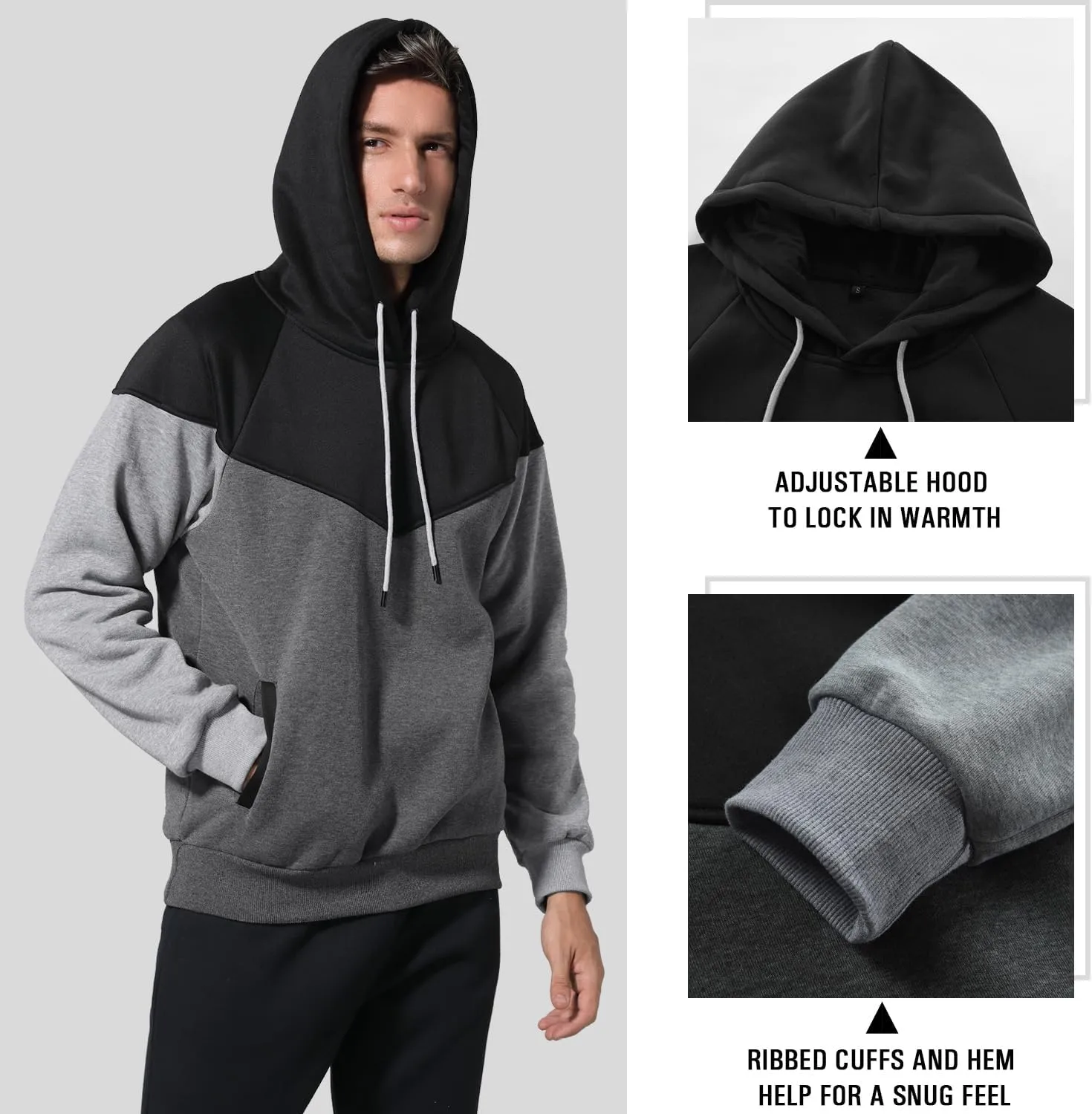 Men's Midweight Fleece Pullover Hoodies Casual Color Block Hooded Sweatshirt with Pockets