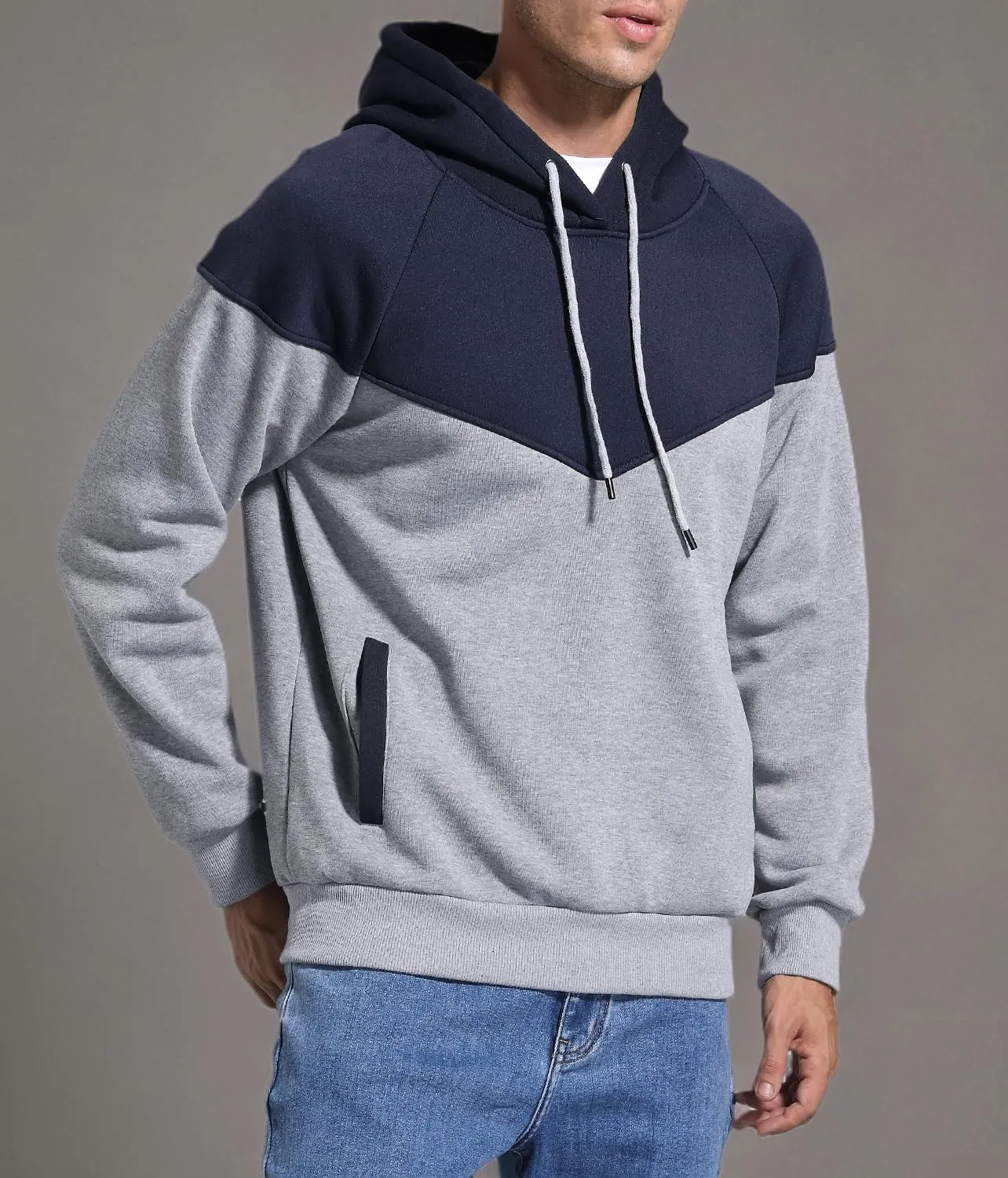 Men's Midweight Fleece Pullover Hoodies Casual Color Block Hooded Sweatshirt with Pockets