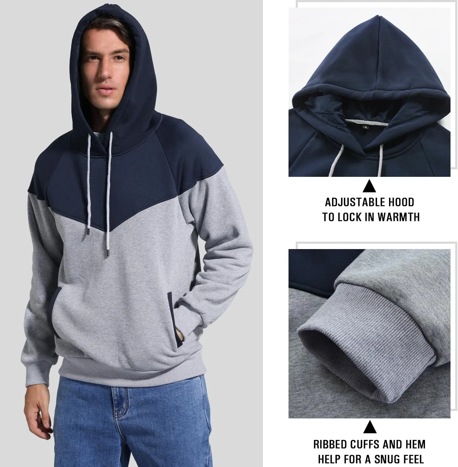 Men's Midweight Fleece Pullover Hoodies Casual Color Block Hooded Sweatshirt with Pockets