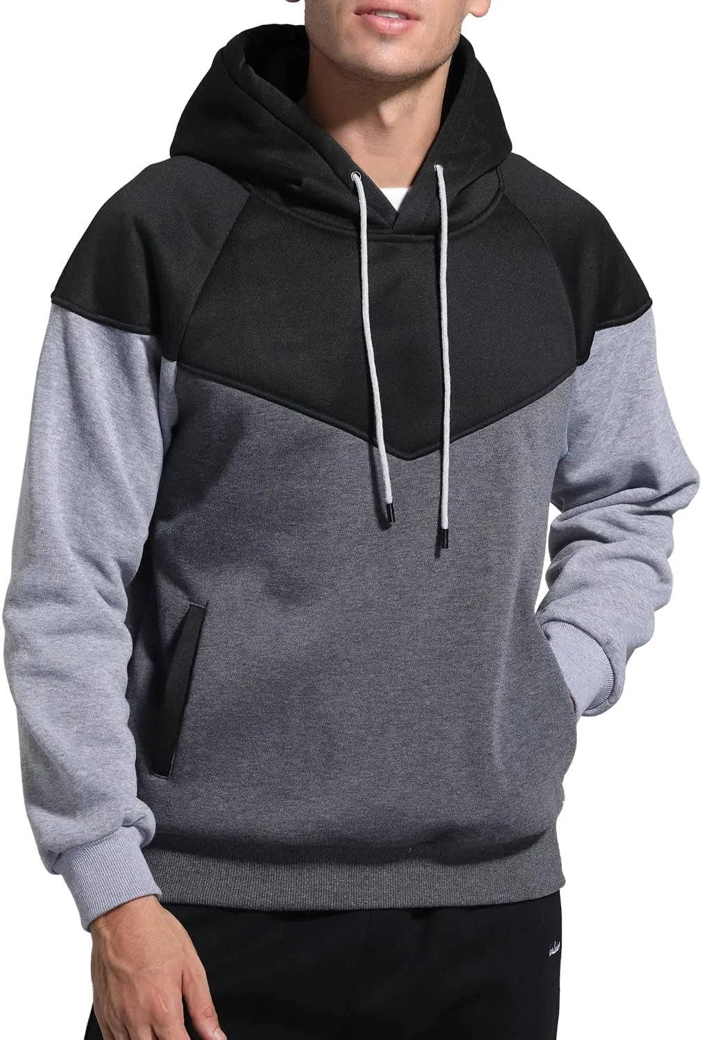 Men's Midweight Fleece Pullover Hoodies Casual Color Block Hooded Sweatshirt with Pockets