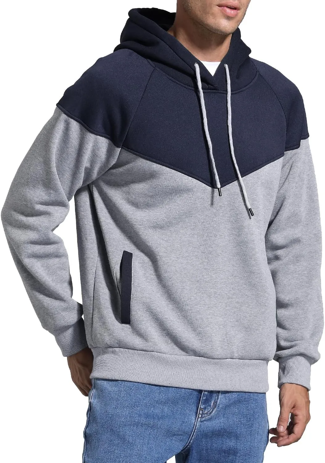Men's Midweight Fleece Pullover Hoodies Casual Color Block Hooded Sweatshirt with Pockets