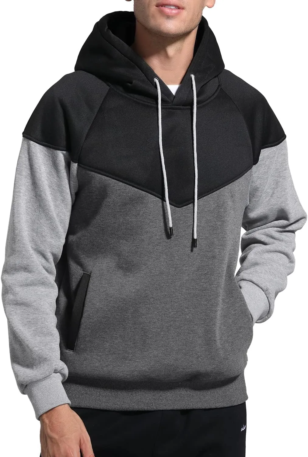 Men's Midweight Fleece Pullover Hoodies Casual Color Block Hooded Sweatshirt with Pockets
