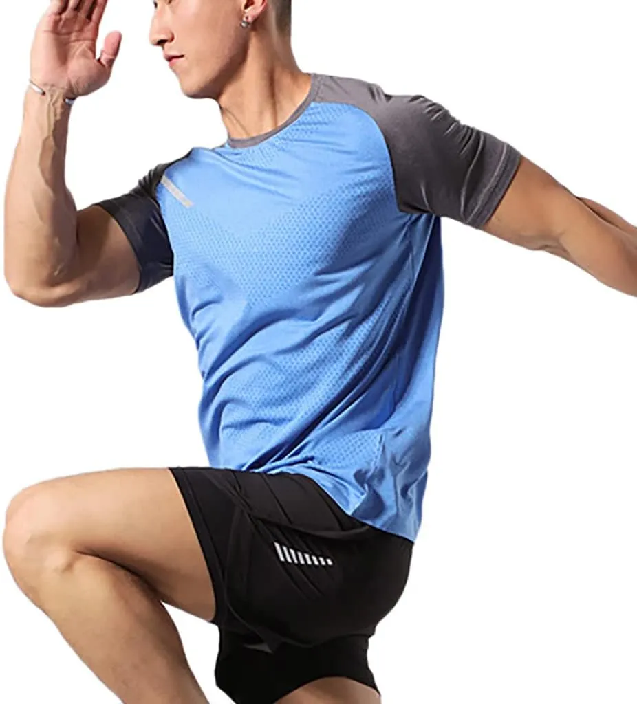 Mens Muscle Elastic Spandex Lightweight Workout Short Sleeve T-Shirts Gym Sweat Tee T61T62