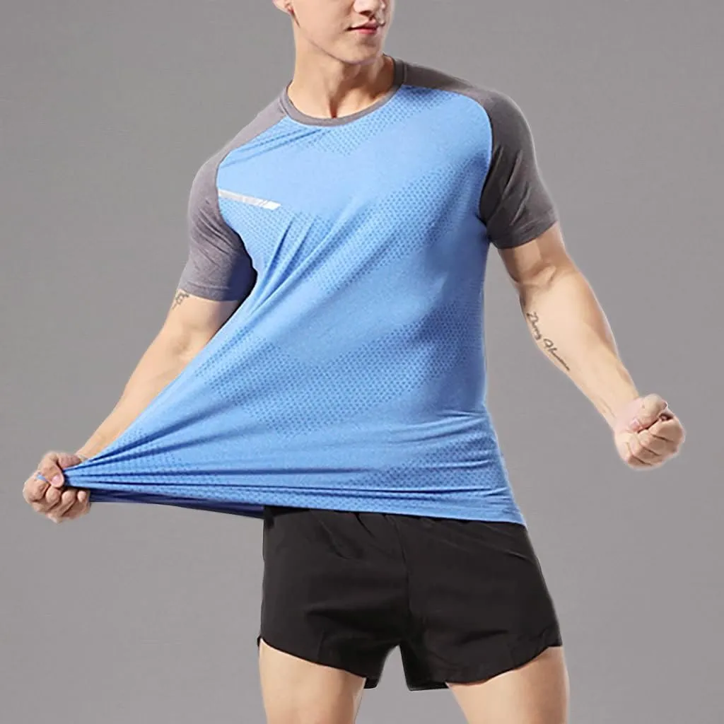 Mens Muscle Elastic Spandex Lightweight Workout Short Sleeve T-Shirts Gym Sweat Tee T61T62
