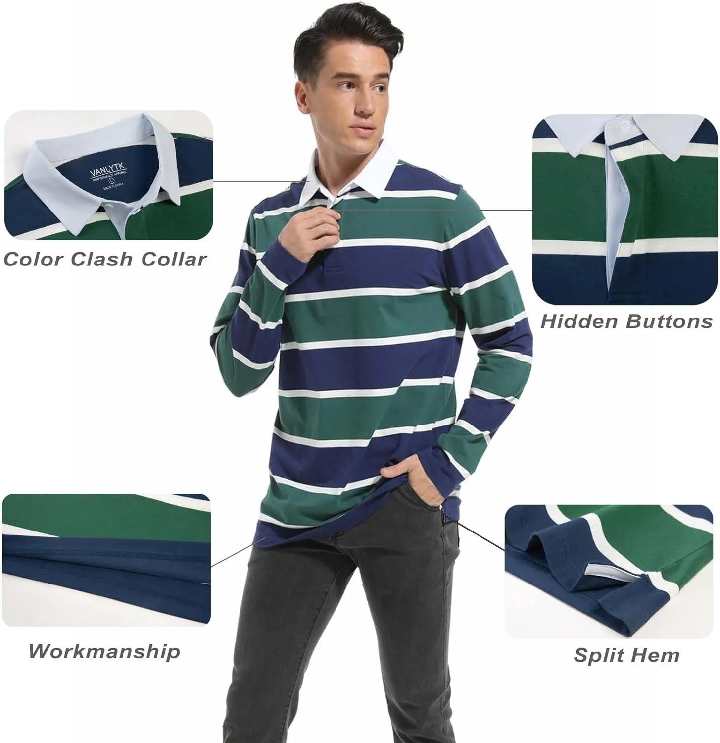 Mens Polo Shirts Striped Cotton Moisture Wicking Classic Collared Casual Golf Shirts for Men