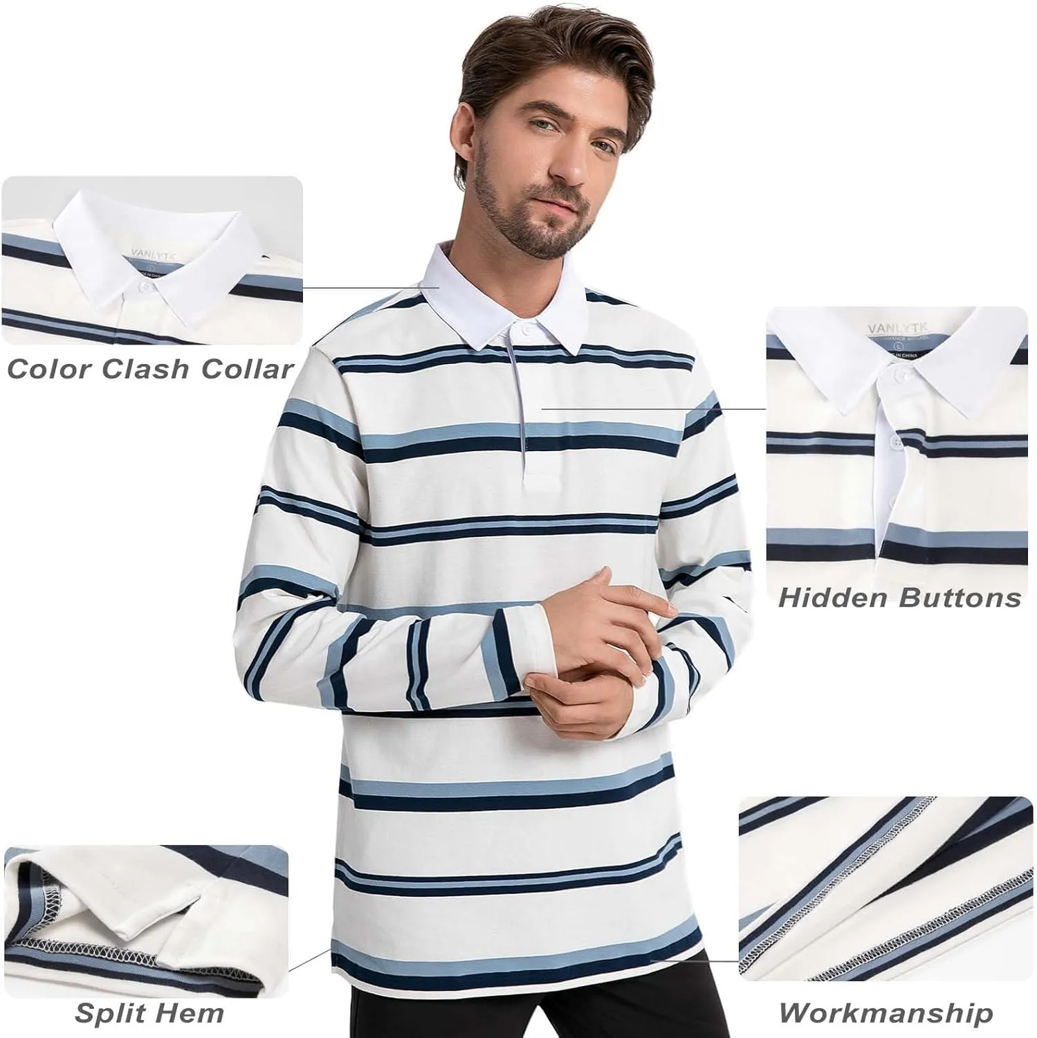 Mens Polo Shirts Striped Cotton Moisture Wicking Classic Collared Casual Golf Shirts for Men