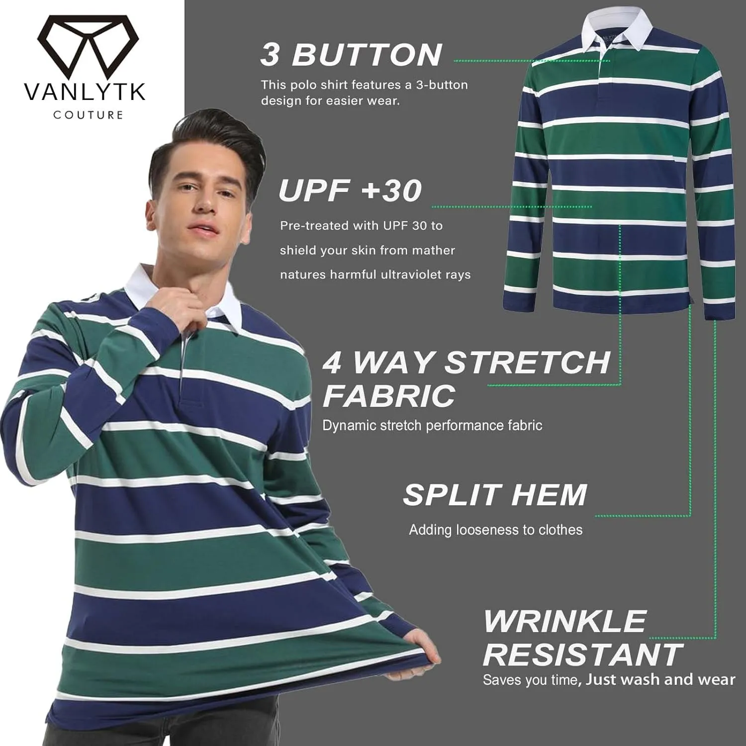 Mens Polo Shirts Striped Cotton Moisture Wicking Classic Collared Casual Golf Shirts for Men